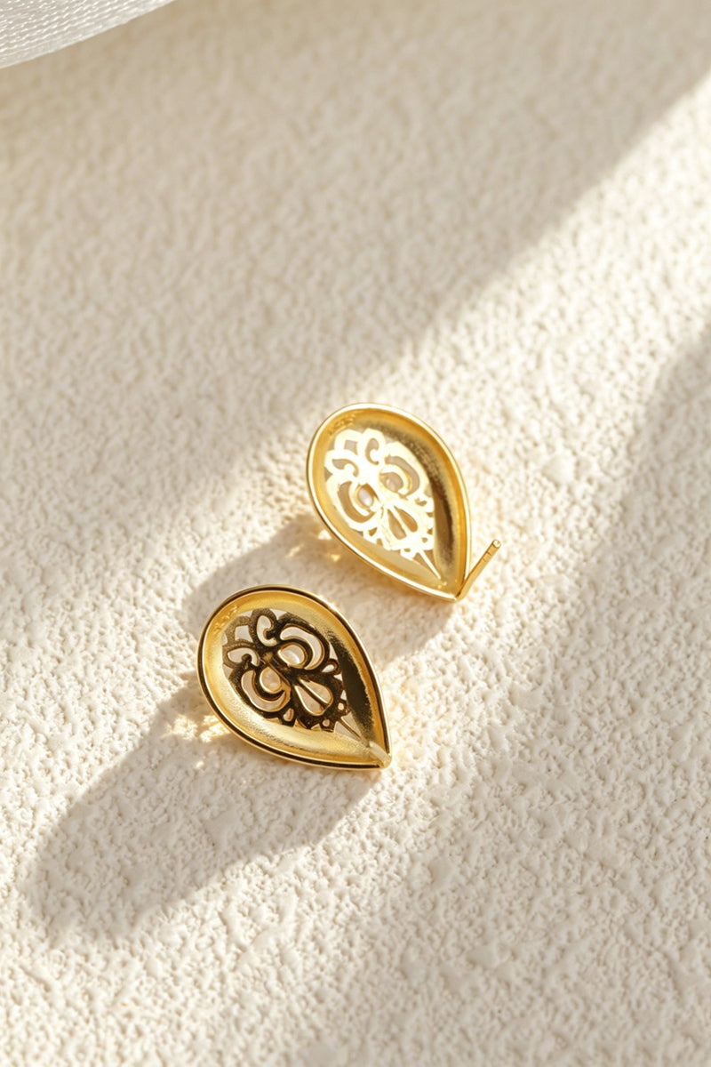 S925 Sterling Silver Earring Inlaid Natural Freshwater Pearl Teardrop Vintage Lace Stud 24K Gold Plated Earrings Jewelry Gift
