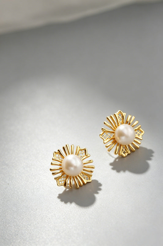 Minimalist 925 Sterling Silver Earring Inlaid Natural Freshwater Pearl Classic Vintage Floral 24K Gold Plated Earrings Jewelry