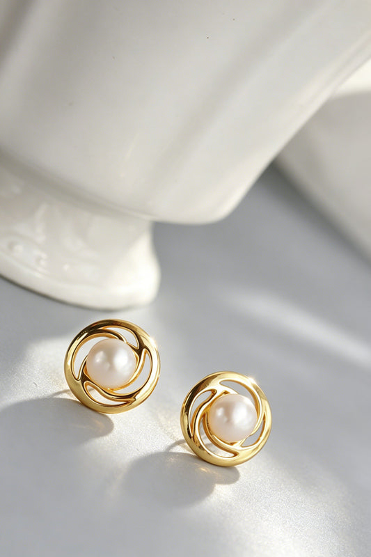 S925 Sterling Silver Earring Inlaid Natural Freshwater Pearl Swirl Hollow Stud Earrings 24K Gold Plated Minimalist Jewelry Gift