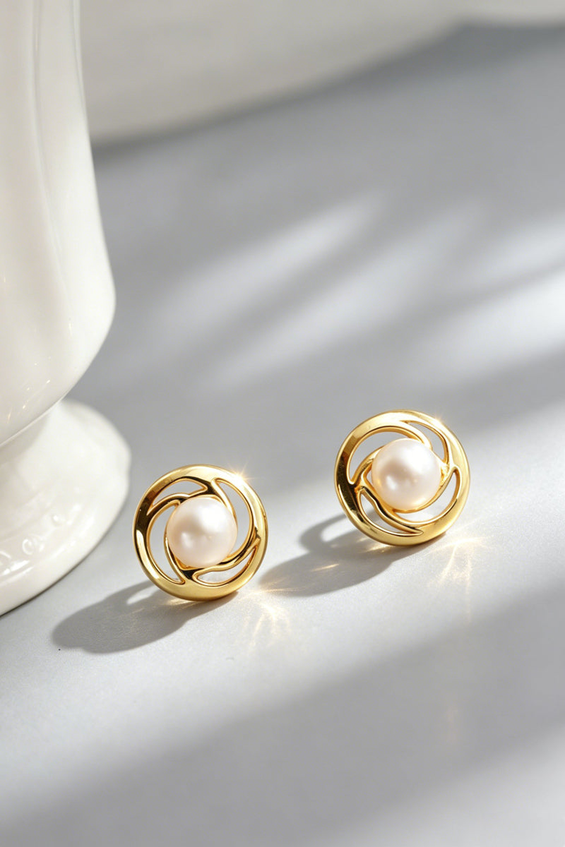 S925 Sterling Silver Earring Inlaid Natural Freshwater Pearl Swirl Hollow Stud Earrings 24K Gold Plated Minimalist Jewelry Gift