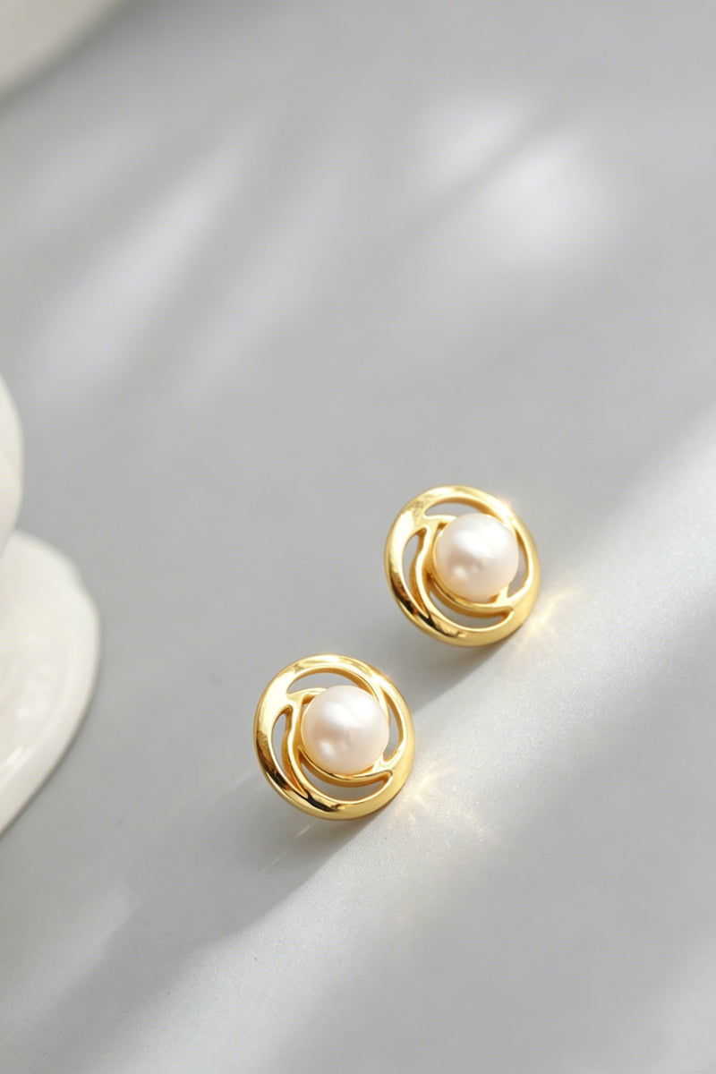 S925 Sterling Silver Earring Inlaid Natural Freshwater Pearl Swirl Hollow Stud Earrings 24K Gold Plated Minimalist Jewelry Gift