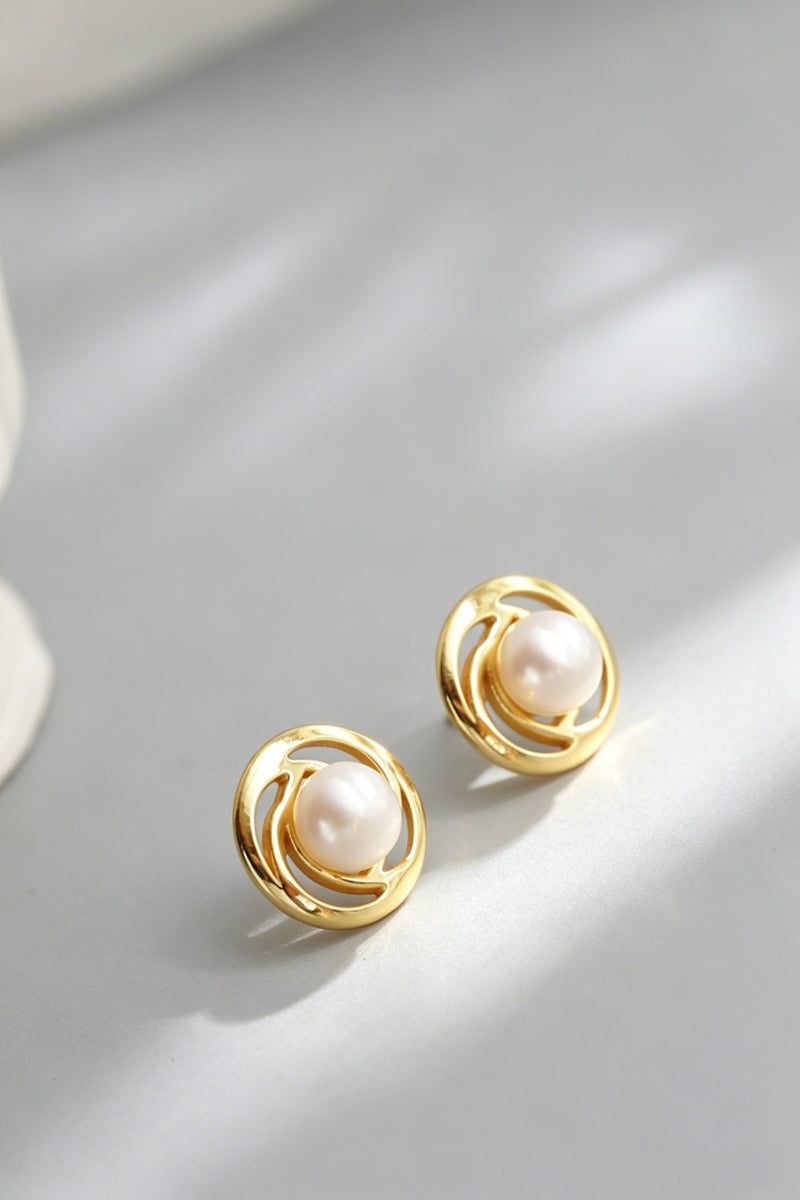 S925 Sterling Silver Earring Inlaid Natural Freshwater Pearl Swirl Hollow Stud Earrings 24K Gold Plated Minimalist Jewelry Gift