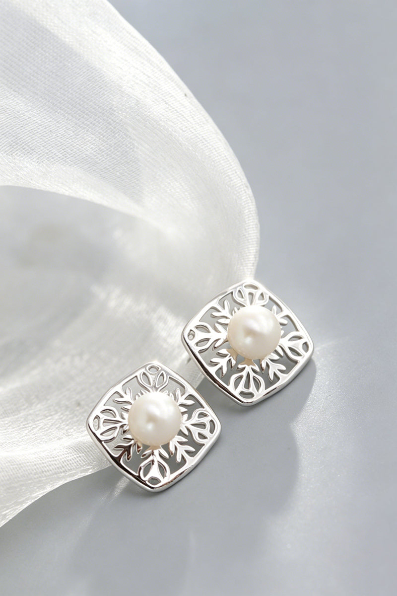 Minimalist Nature-inspired S925 Sterling Silver Stud Earring Inlaid Natural Freshwater Pearl Square Hollow Branch Earring Jewelr