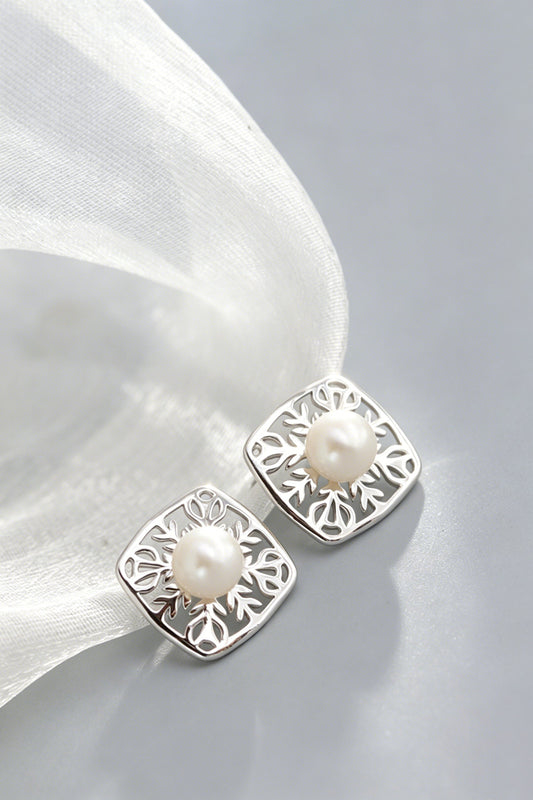 Minimalist Nature-inspired S925 Sterling Silver Stud Earring Inlaid Natural Freshwater Pearl Square Hollow Branch Earring Jewelr