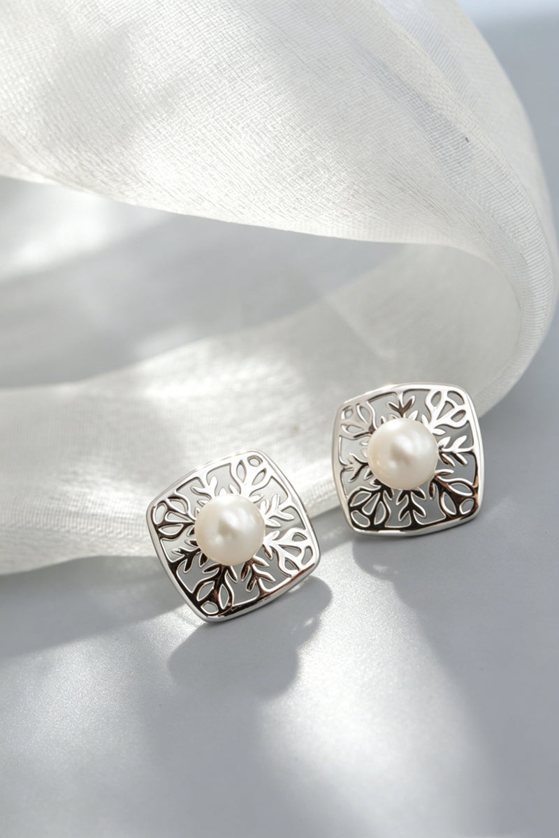 Minimalist Nature-inspired S925 Sterling Silver Stud Earring Inlaid Natural Freshwater Pearl Square Hollow Branch Earring Jewelr