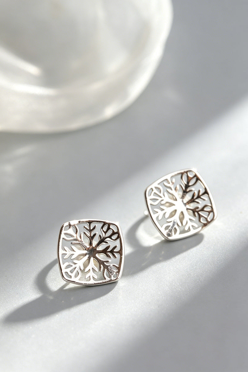 Minimalist Nature-inspired S925 Sterling Silver Stud Earring Inlaid Natural Freshwater Pearl Square Hollow Branch Earring Jewelr