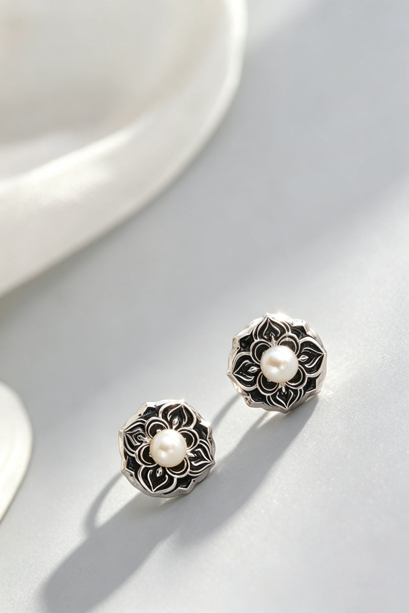 Fashion 925 Sterling Silver Vintage Oxidized Mandala Flower Stud Earrings Natural Pearl Ethnic Bohemian Jewelry Gift for Women