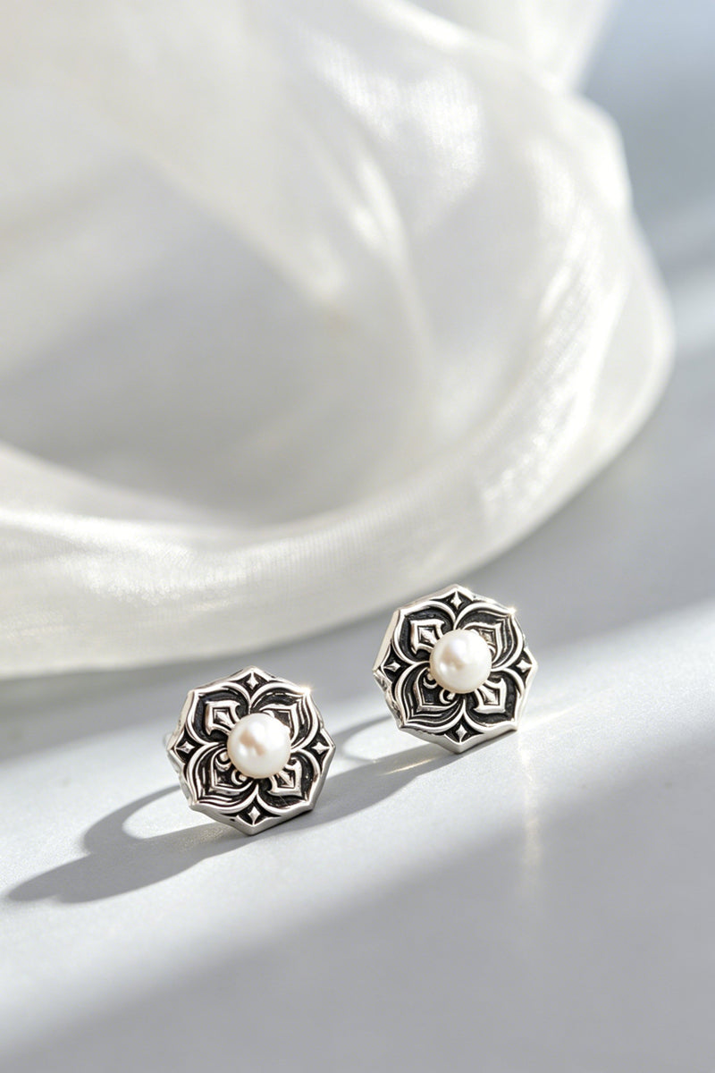 Fashion 925 Sterling Silver Vintage Oxidized Mandala Flower Stud Earrings Natural Pearl Ethnic Bohemian Jewelry Gift for Women