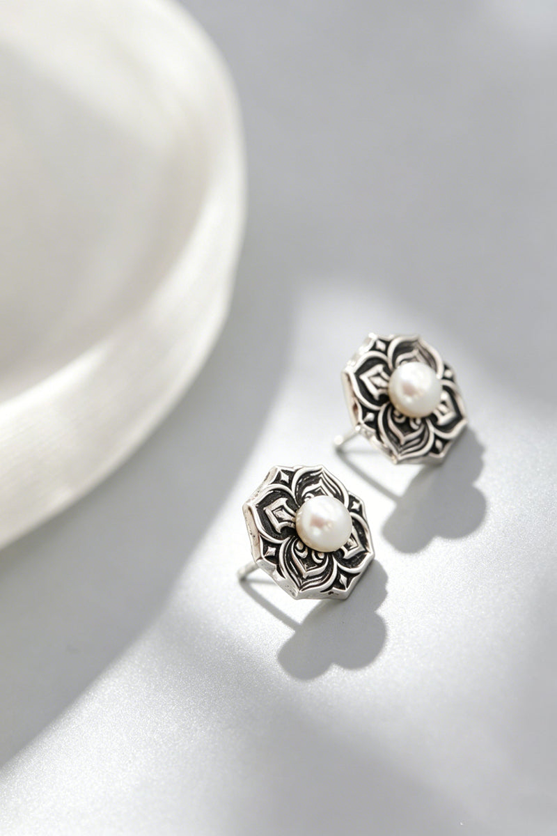 Fashion 925 Sterling Silver Vintage Oxidized Mandala Flower Stud Earrings Natural Pearl Ethnic Bohemian Jewelry Gift for Women