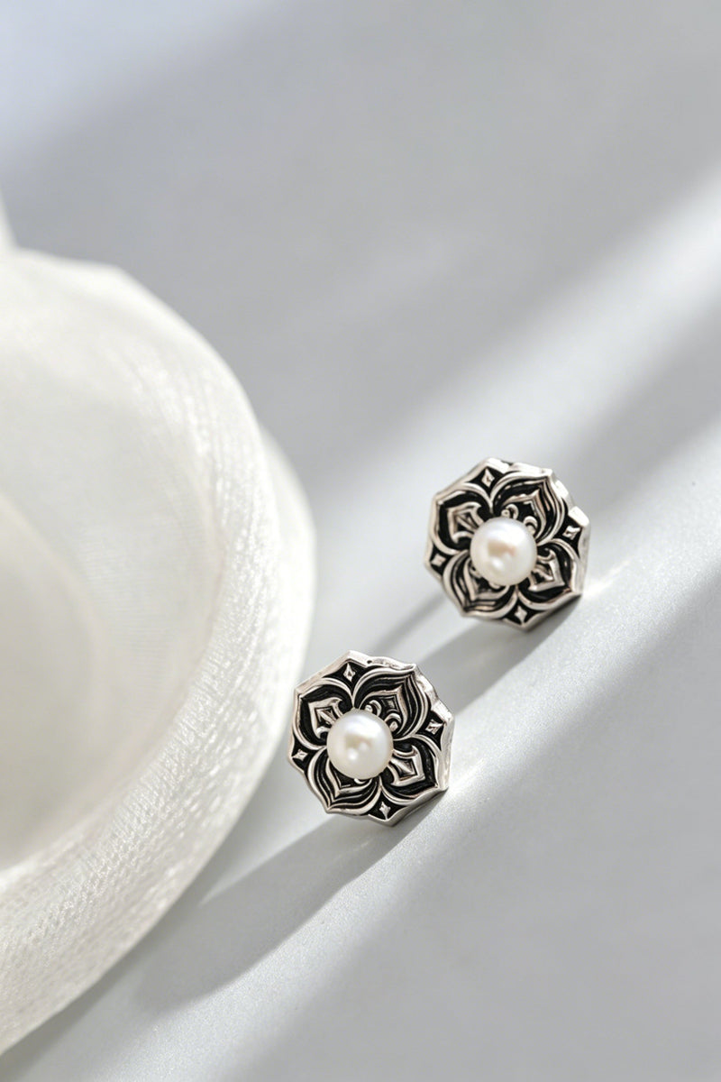Fashion 925 Sterling Silver Vintage Oxidized Mandala Flower Stud Earrings Natural Pearl Ethnic Bohemian Jewelry Gift for Women