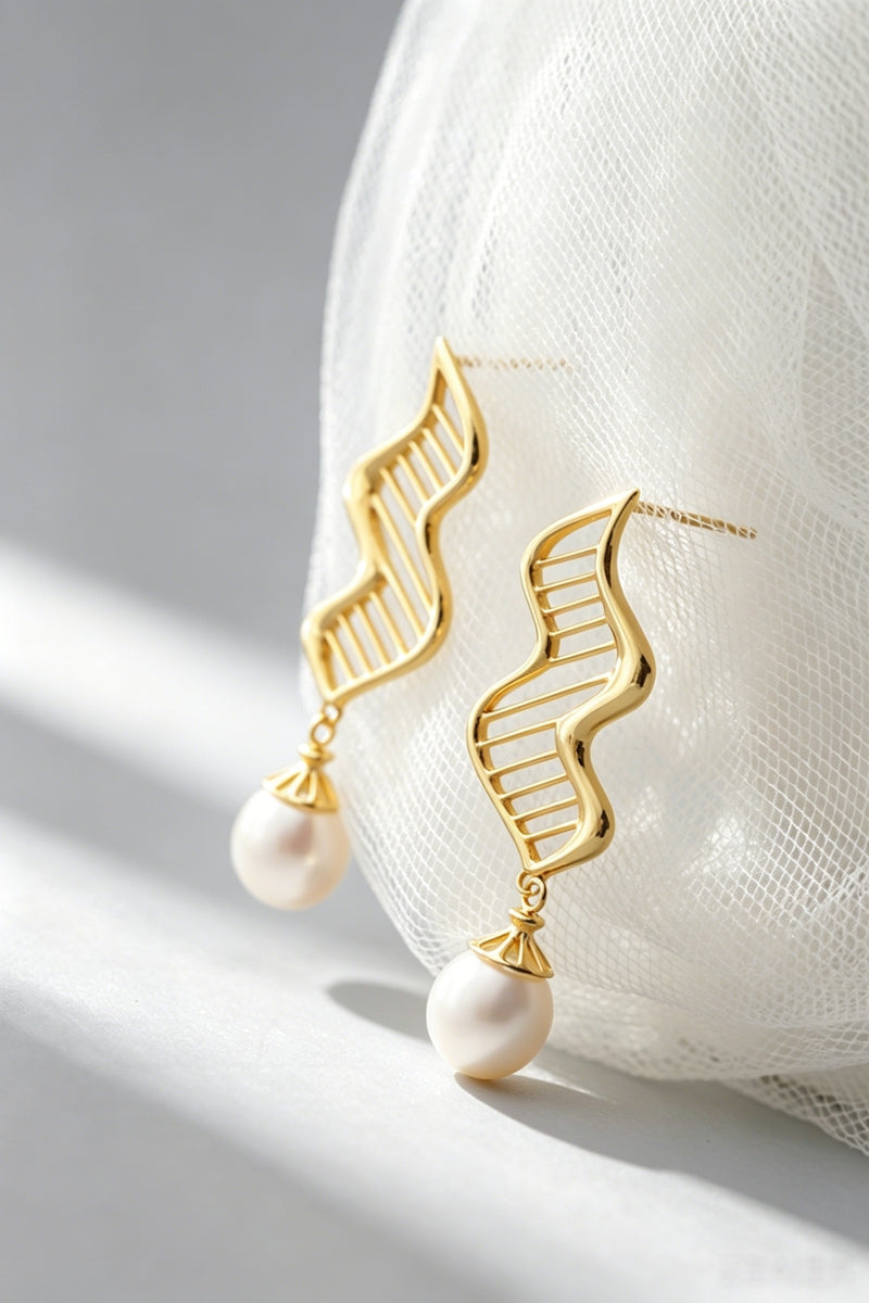 Creative Wave Line Hollow Natural Pearl 925 Sterling Silver Earrings 24K Gold Plated Fashion Dangle Earring Everyday Jewelry