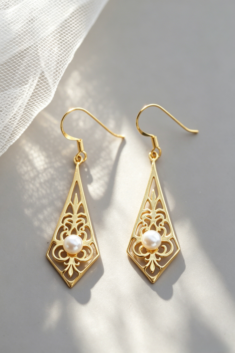 925 Sterling Silver Earrings Natural Pearl Vintage Filigree Rhombus Drop Dangle 24K Gold Plated Earrings Face Slimming for Women