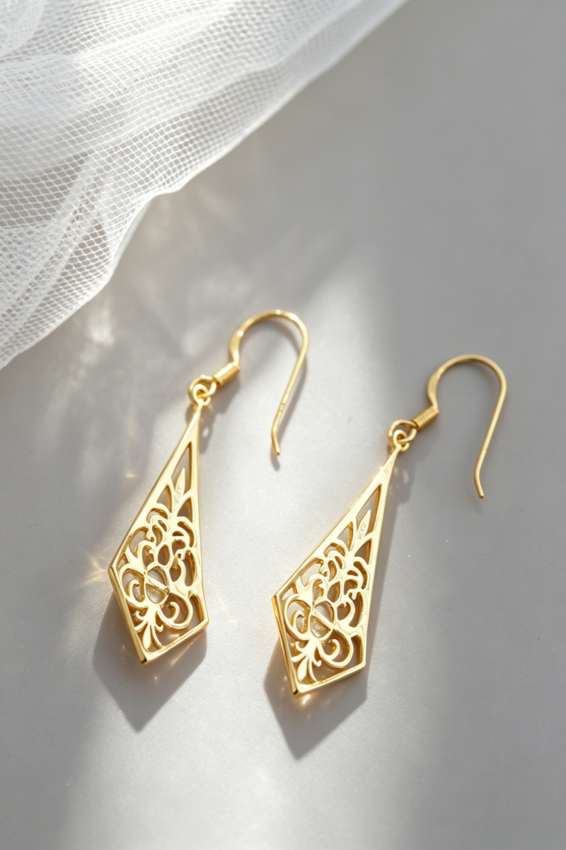 925 Sterling Silver Earrings Natural Pearl Vintage Filigree Rhombus Drop Dangle 24K Gold Plated Earrings Face Slimming for Women