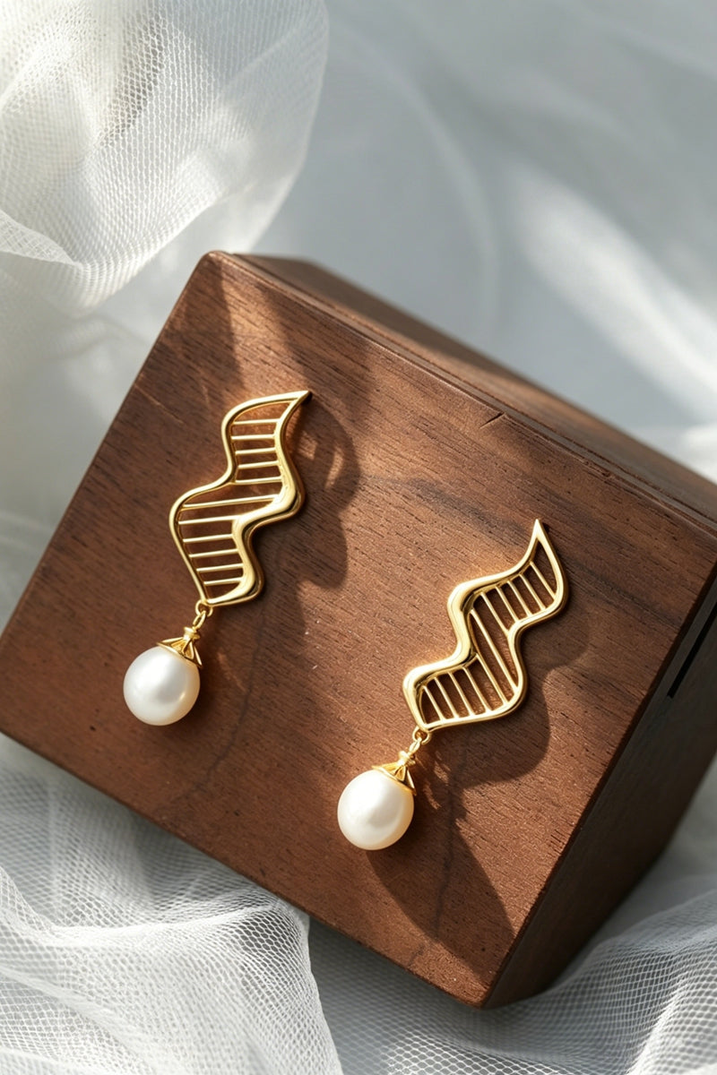 Creative Wave Line Hollow Natural Pearl 925 Sterling Silver Earrings 24K Gold Plated Fashion Dangle Earring Everyday Jewelry