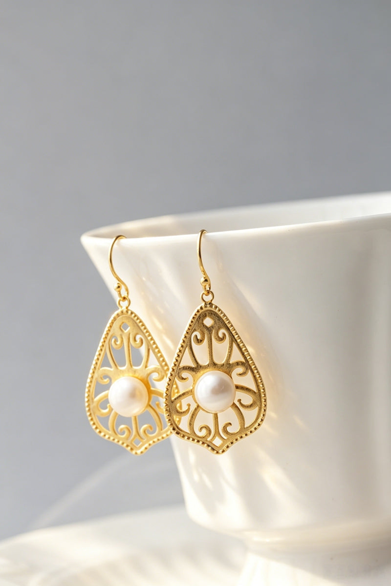 925 Sterling Silver Retro Filigree Scroll Teardrop Earrings Natural Freshwater Pearl 24K Gold Plated Earring Daily Wear Jewelry