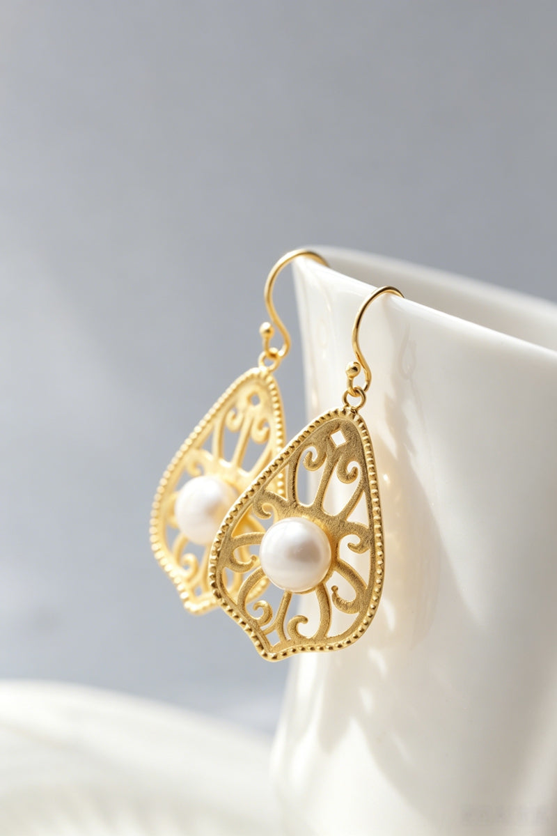 925 Sterling Silver Retro Filigree Scroll Teardrop Earrings Natural Freshwater Pearl 24K Gold Plated Earring Daily Wear Jewelry