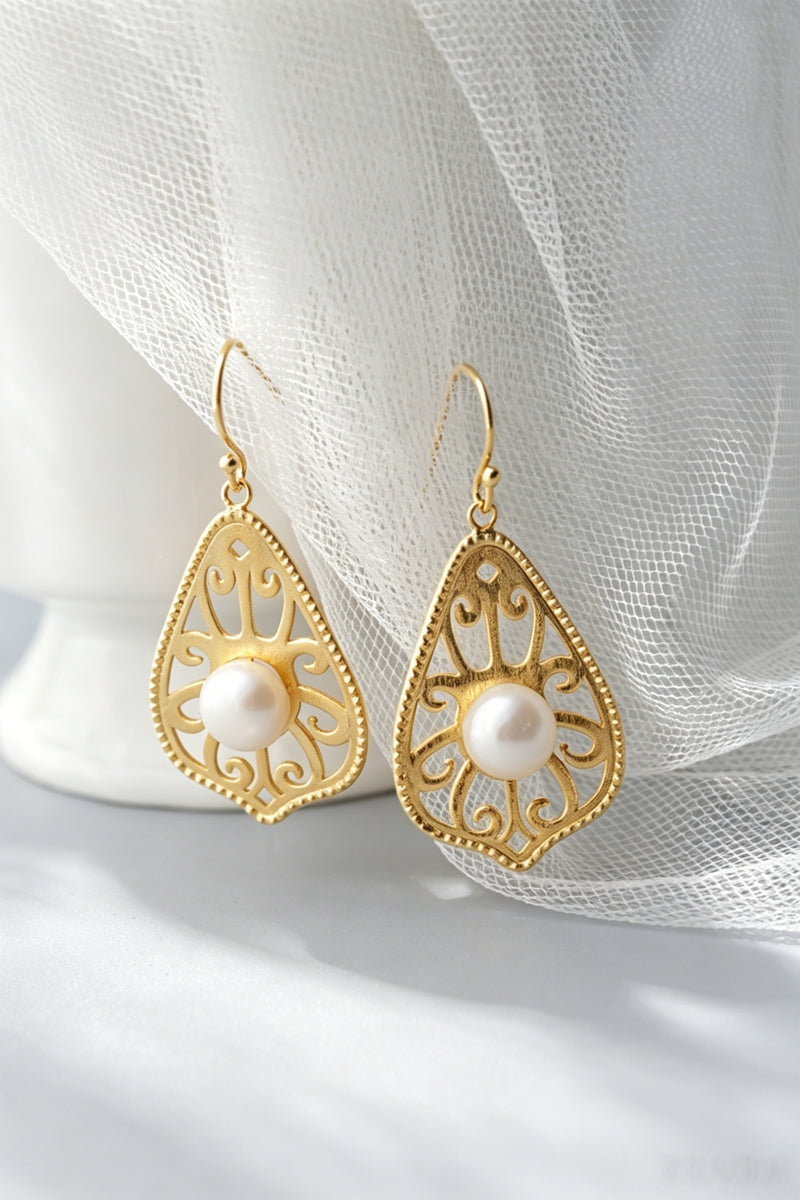 925 Sterling Silver Retro Filigree Scroll Teardrop Earrings Natural Freshwater Pearl 24K Gold Plated Earring Daily Wear Jewelry