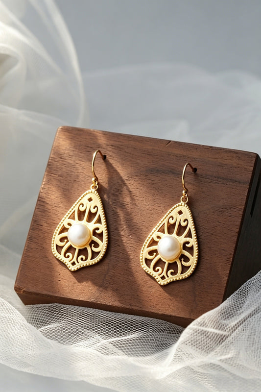 925 Sterling Silver Retro Filigree Scroll Teardrop Earrings Natural Freshwater Pearl 24K Gold Plated Earring Daily Wear Jewelry