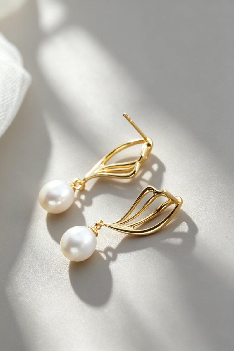 Women Fashion S925 Sterling Silver Dangle Earrings 24K Gold Plated Hollow Butterfly Wing Inlaid Natural Pearl Earring Daily Gift