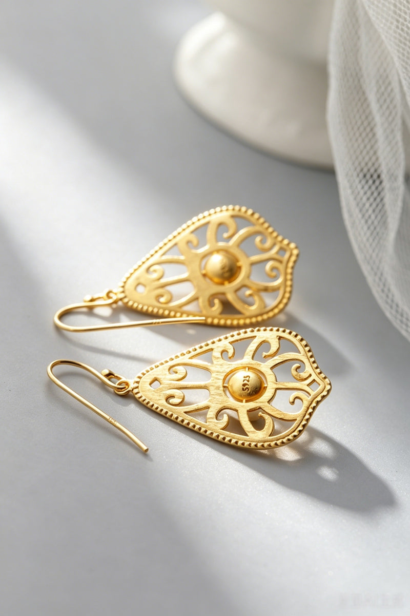 925 Sterling Silver Retro Filigree Scroll Teardrop Earrings Natural Freshwater Pearl 24K Gold Plated Earring Daily Wear Jewelry