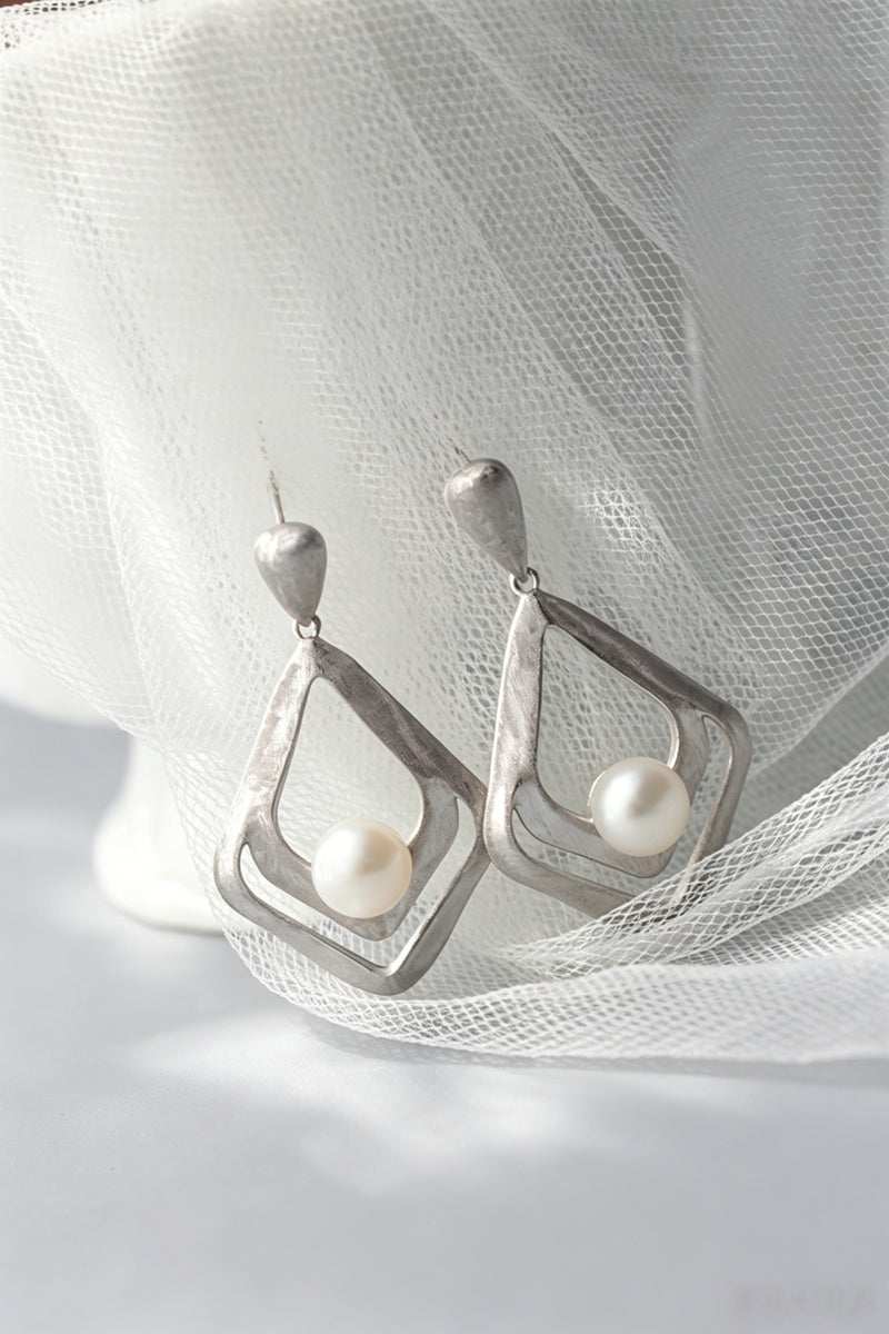 Minimalist Double Layer Rhombus 925 Sterling Silver Geometric Drop Earring Natural Pearl Hand Brushed Matte Silver Earring Gift