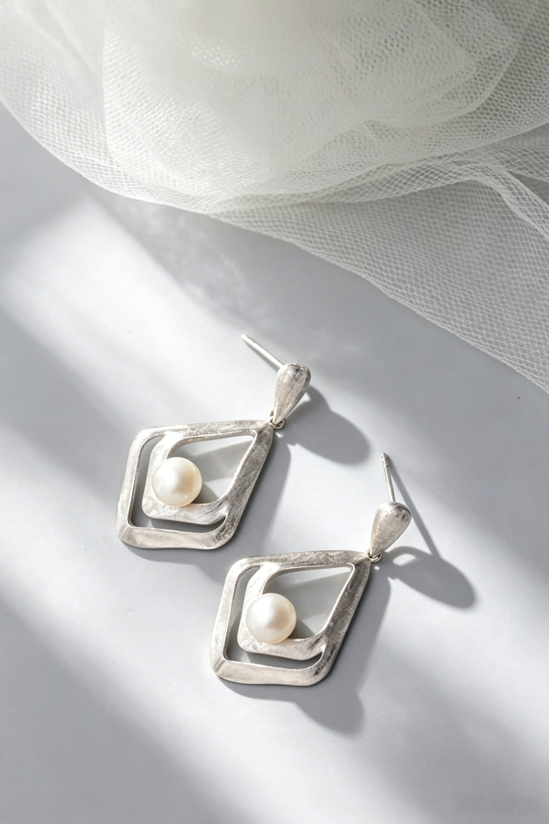 Minimalist Double Layer Rhombus 925 Sterling Silver Geometric Drop Earring Natural Pearl Hand Brushed Matte Silver Earring Gift