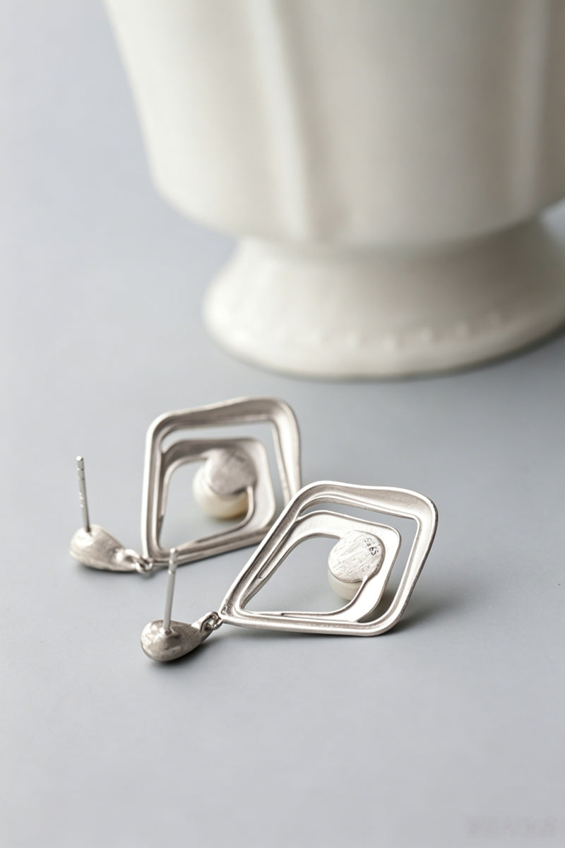 Minimalist Double Layer Rhombus 925 Sterling Silver Geometric Drop Earring Natural Pearl Hand Brushed Matte Silver Earring Gift
