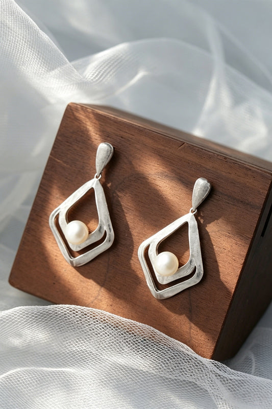 Minimalist Double Layer Rhombus 925 Sterling Silver Geometric Drop Earring Natural Pearl Hand Brushed Matte Silver Earring Gift