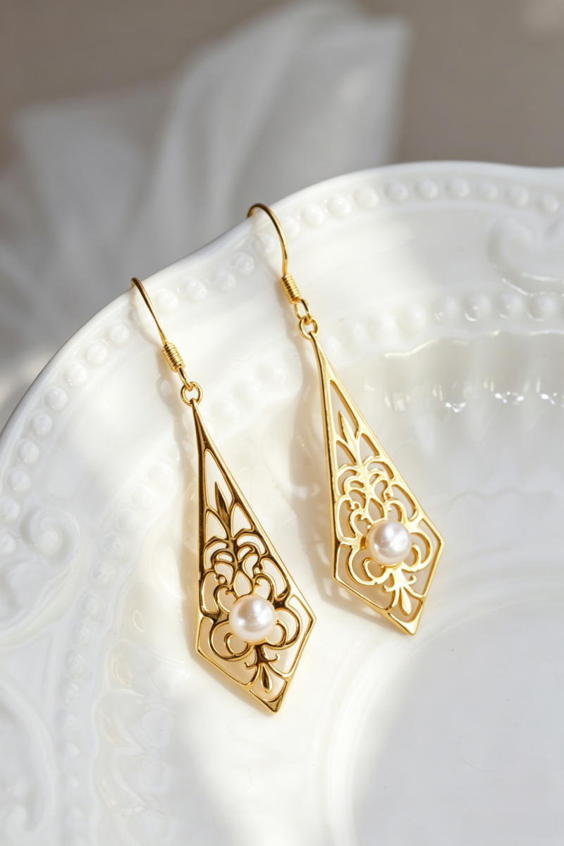 925 Sterling Silver Earrings Natural Pearl Vintage Filigree Rhombus Drop Dangle 24K Gold Plated Earrings Face Slimming for Women