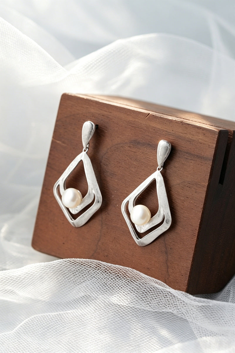 Minimalist Double Layer Rhombus 925 Sterling Silver Geometric Drop Earring Natural Pearl Hand Brushed Matte Silver Earring Gift