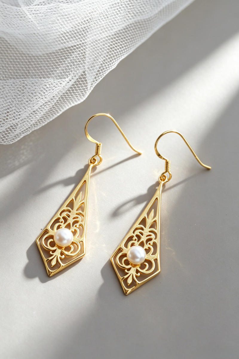 925 Sterling Silver Earrings Natural Pearl Vintage Filigree Rhombus Drop Dangle 24K Gold Plated Earrings Face Slimming for Women