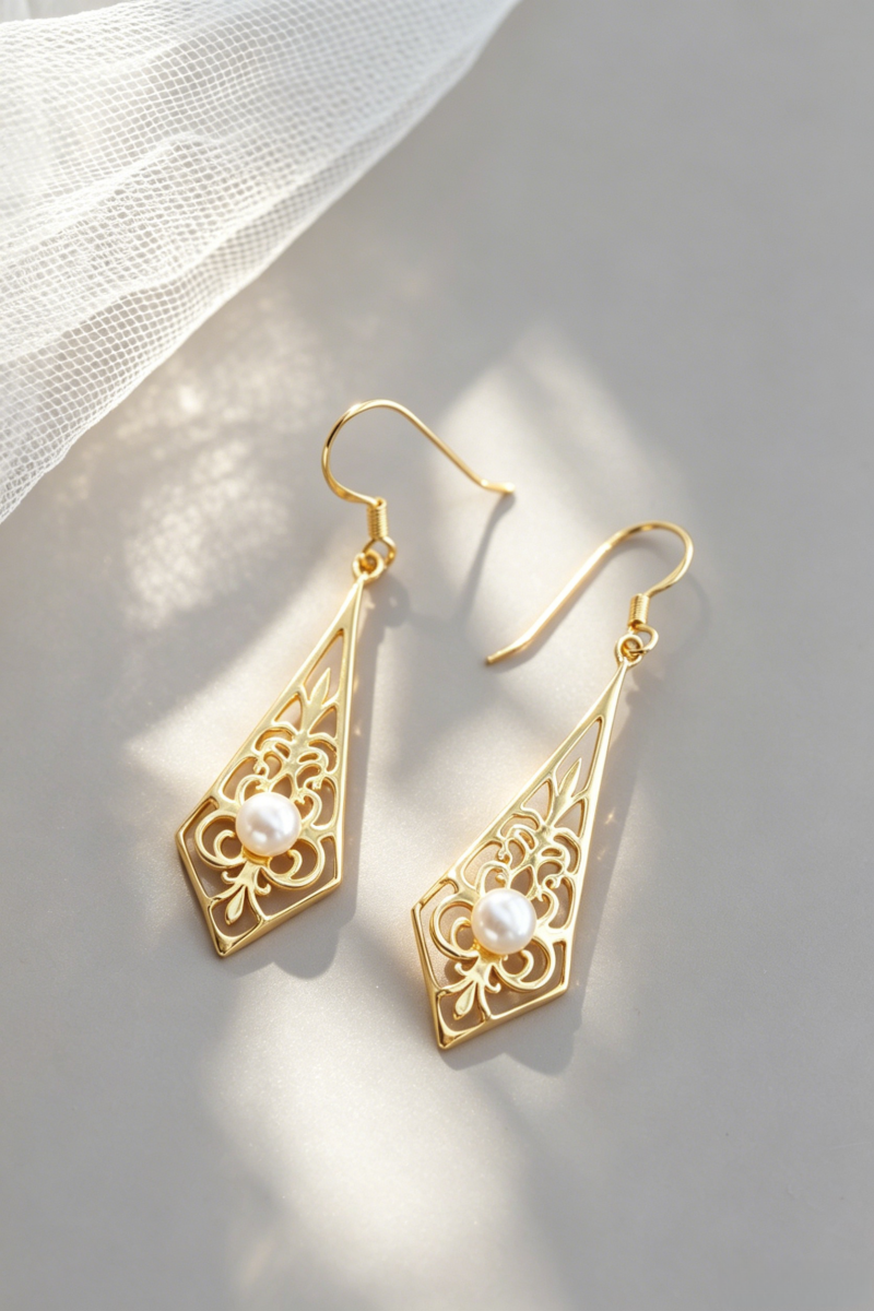 925 Sterling Silver Earrings Natural Pearl Vintage Filigree Rhombus Drop Dangle 24K Gold Plated Earrings Face Slimming for Women