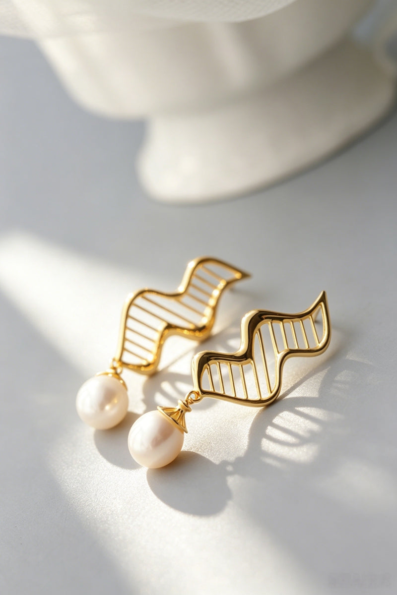 Creative Wave Line Hollow Natural Pearl 925 Sterling Silver Earrings 24K Gold Plated Fashion Dangle Earring Everyday Jewelry