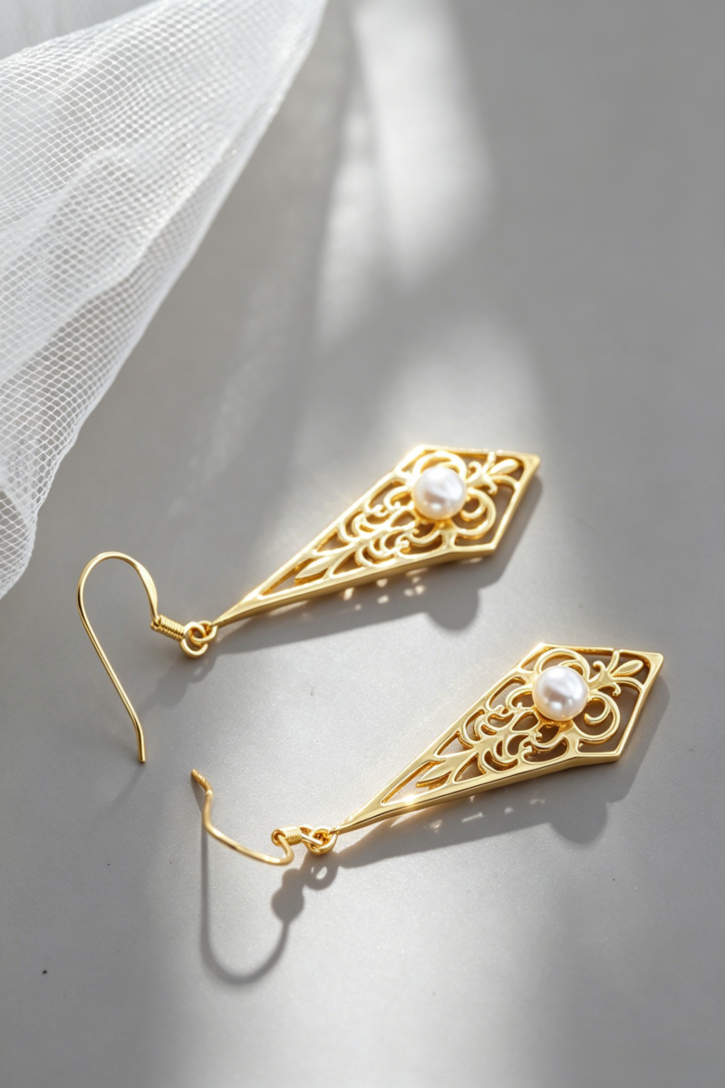 925 Sterling Silver Earrings Natural Pearl Vintage Filigree Rhombus Drop Dangle 24K Gold Plated Earrings Face Slimming for Women