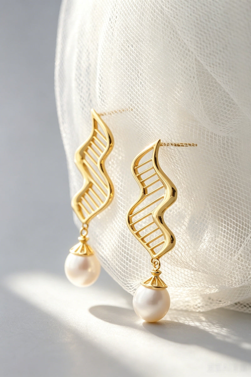 Creative Wave Line Hollow Natural Pearl 925 Sterling Silver Earrings 24K Gold Plated Fashion Dangle Earring Everyday Jewelry