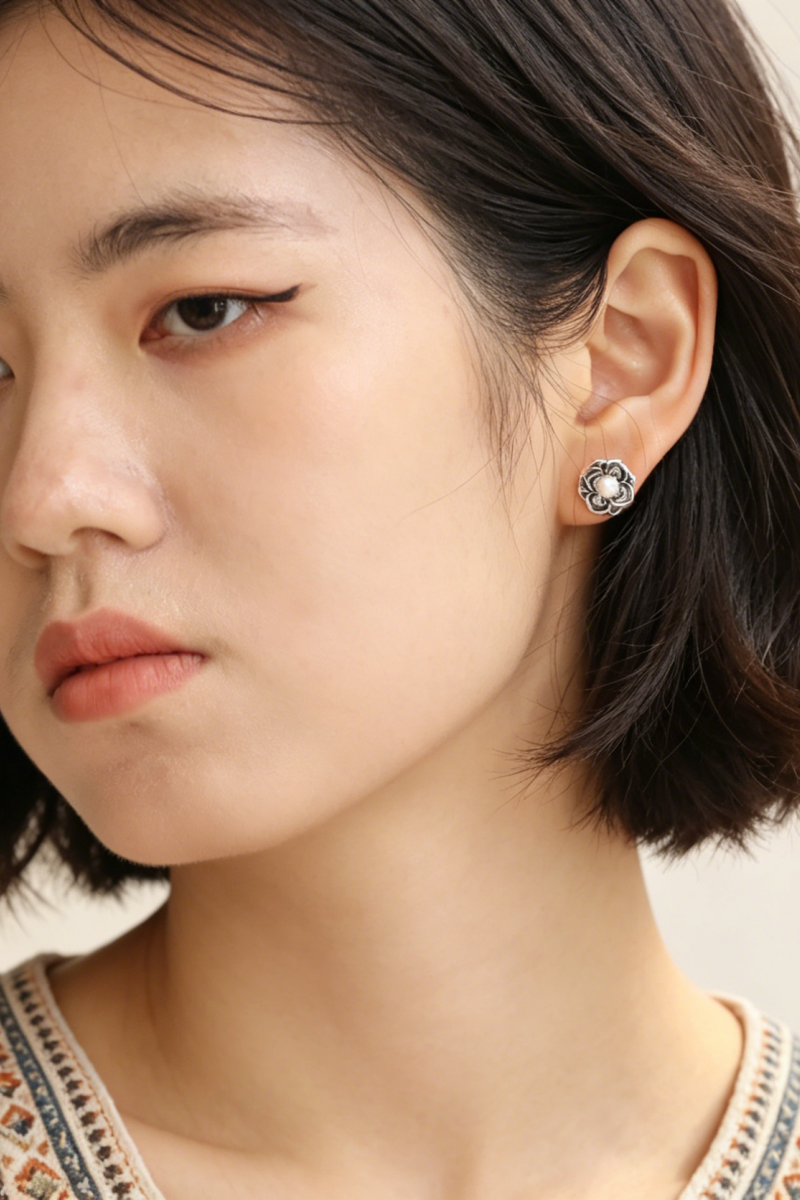 Fashion 925 Sterling Silver Vintage Oxidized Mandala Flower Stud Earrings Natural Pearl Ethnic Bohemian Jewelry Gift for Women
