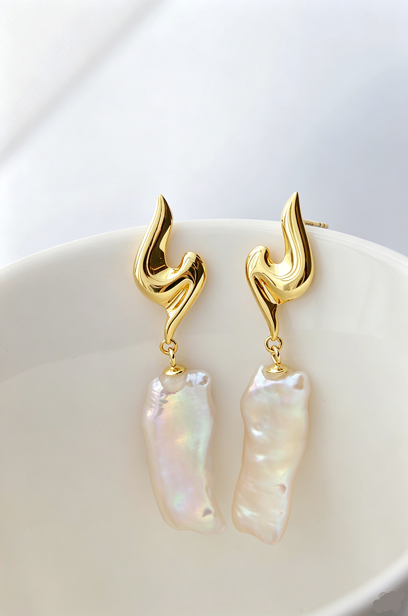 Abstract Sculptural Baroque Pearl Drop Earrings S925 Sterling Silver 24K Gold Plated Hypoallergenic Dangle Earrings Daily Wear Jewelry Gift