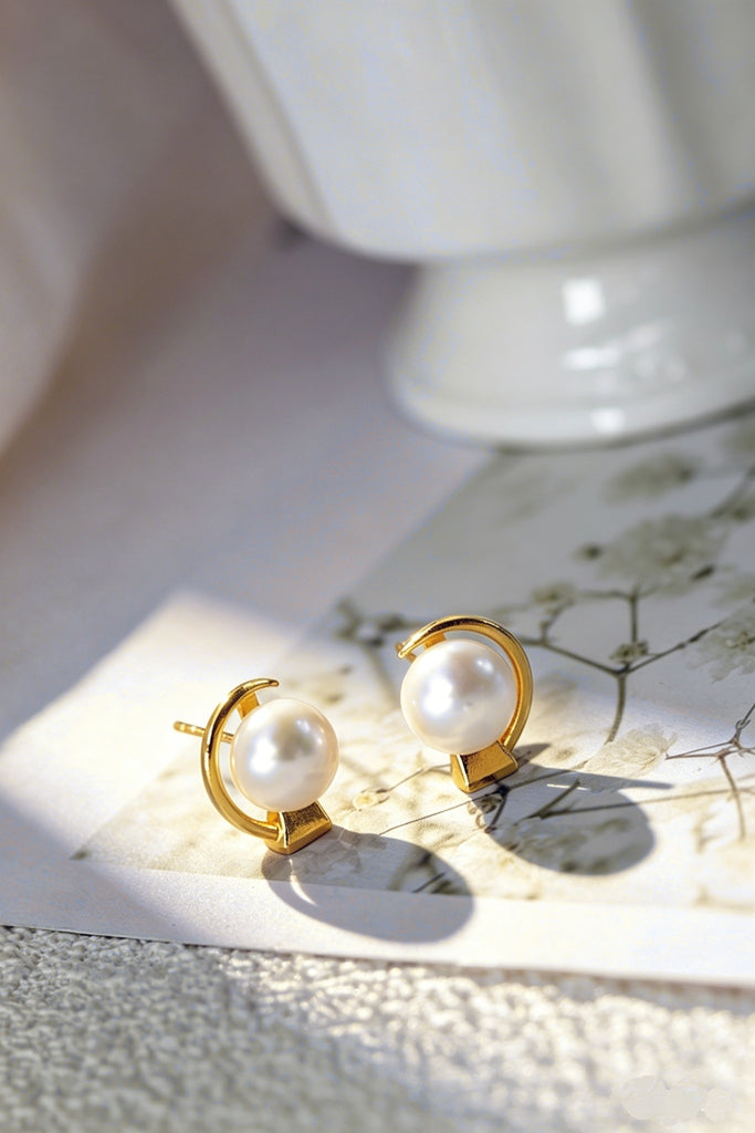 Minimalist geometric wind 925 Sterling Silver Earrings Inlaid Natural Freshwater Pearl 18K Gold Plated Earring Jewelry Gift