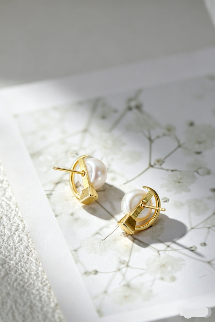 Minimalist geometric wind 925 Sterling Silver Earrings Inlaid Natural Freshwater Pearl 18K Gold Plated Earring Jewelry Gift