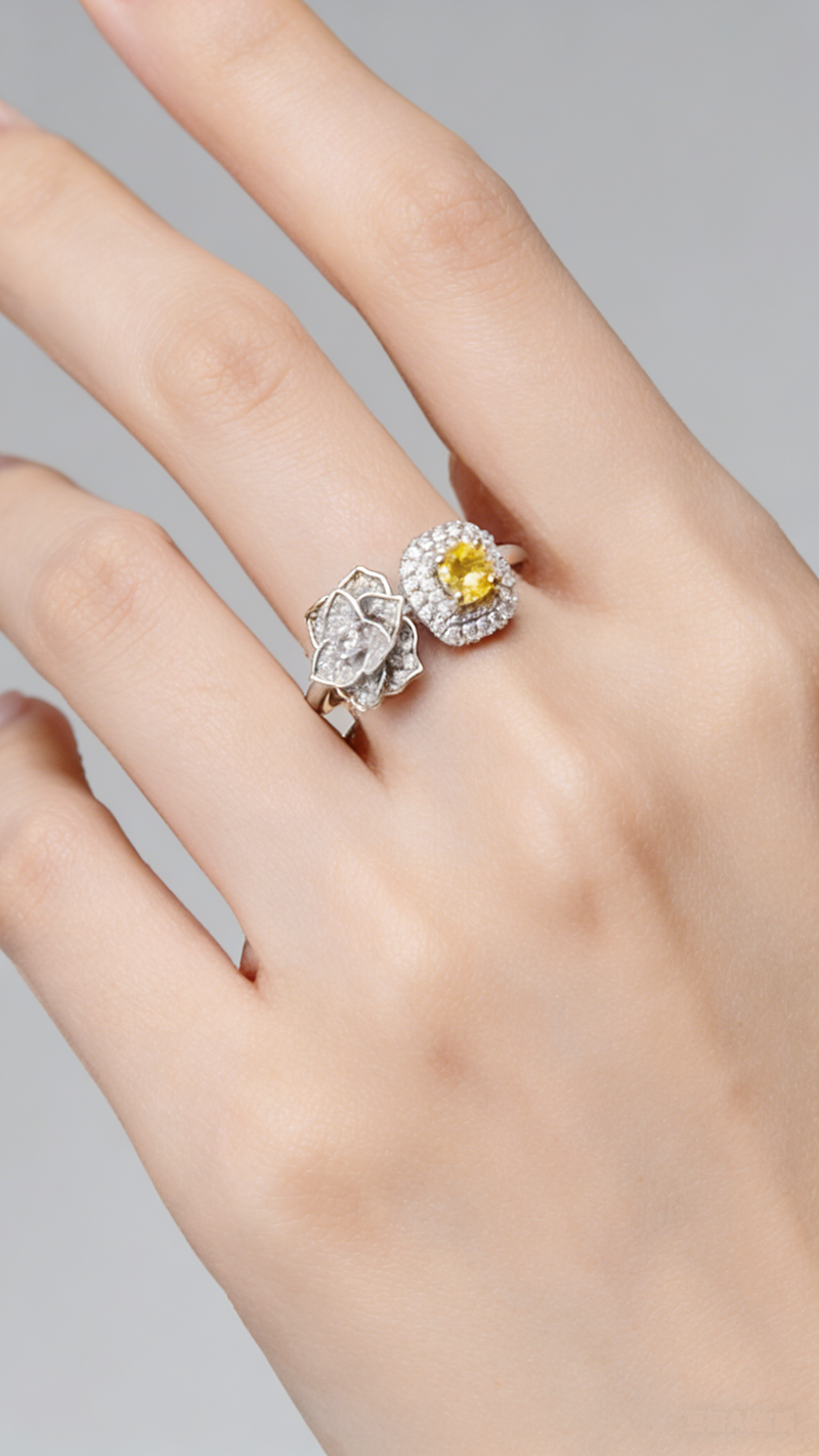 S925 Sterling Silver Camellia Ring with Yellow Cubic Zirconia Open Adjustable Flower Ring Women Luxury Daily Wear Elegant Gift