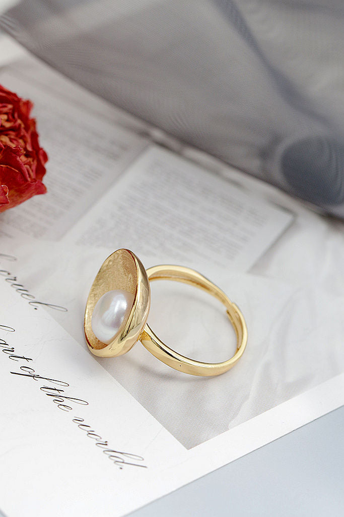 Authentic 925 Sterling Silver Ring Inlaid Natural Freshwater Pearl 18K Gold Plated Egglike Shape Ring Fashion Women Jewelry Gift