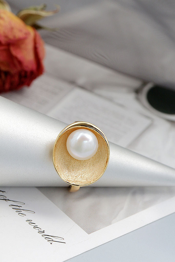 Authentic 925 Sterling Silver Ring Inlaid Natural Freshwater Pearl 18K Gold Plated Egglike Shape Ring Fashion Women Jewelry Gift