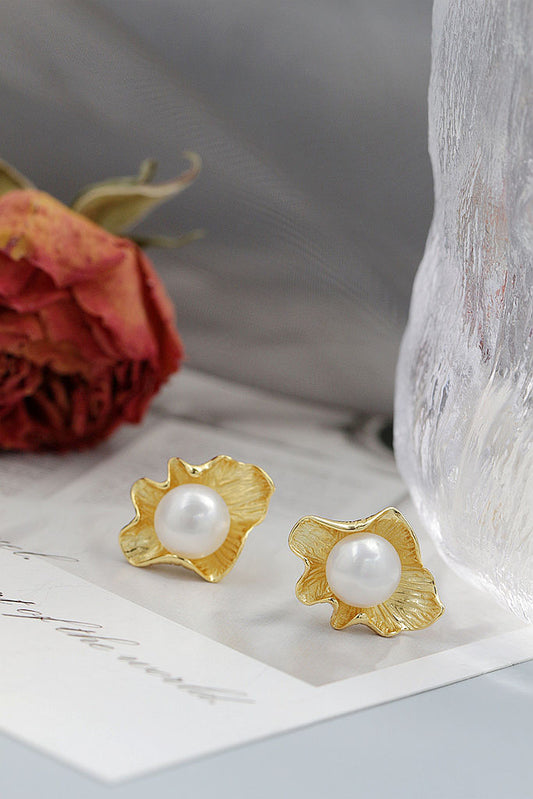 Authentic 925 Sterling Silver Floral Shape Earrings Inlaid Natural Freshwater Pearl Fashion Creative 18K Gold-Plated Earring