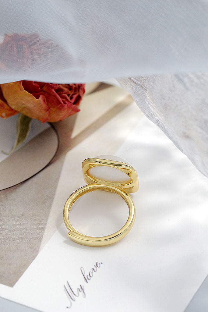 Trendy Elegant Women 925 Sterling Silver Ring Inlaid White Mother-of-Pearl 18k Gold Plating Adjustable Rings High-end Jewelry