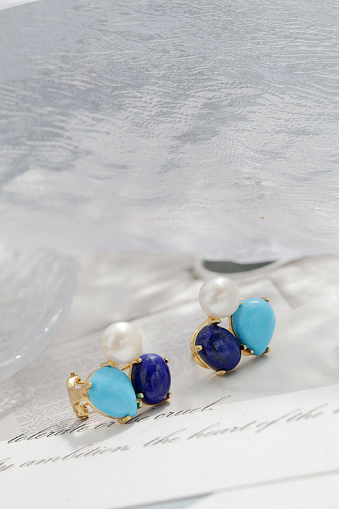 Authentic 925 Sterling Silver Earring Inlaid Natural lapis lazuli Freshwater Pearl Fashion Creative 18K Gold-Plated Earring Gift