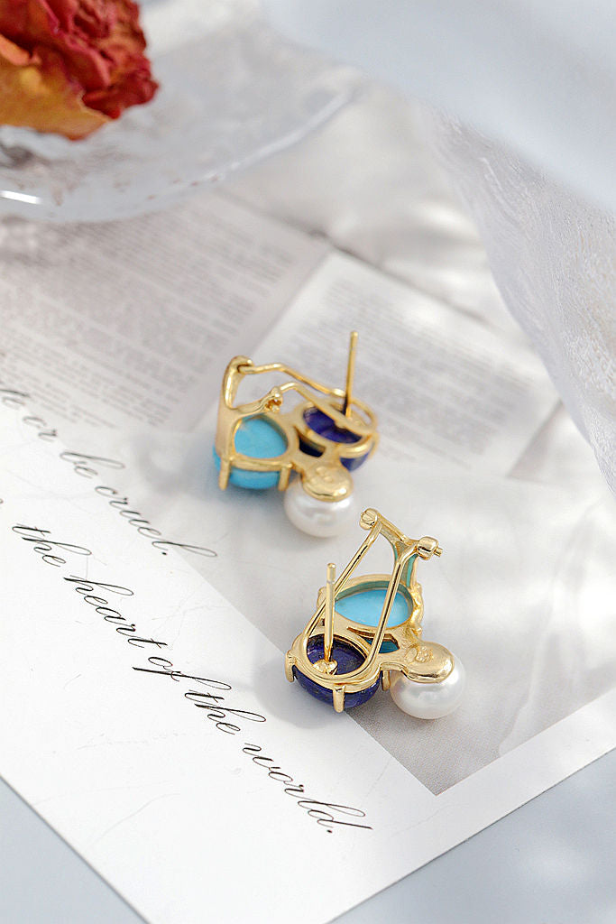 Authentic 925 Sterling Silver Earring Inlaid Natural lapis lazuli Freshwater Pearl Fashion Creative 18K Gold-Plated Earring Gift