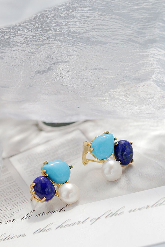Authentic 925 Sterling Silver Earring Inlaid Natural lapis lazuli Freshwater Pearl Fashion Creative 18K Gold-Plated Earring Gift