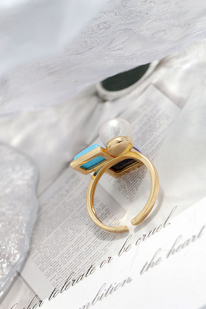 Authentic 925 Sterling Silver Ring Inlaid Natural lapis lazuli Freshwater Pearl Fashion Creative 18K Gold-Plated Open Ring Gift
