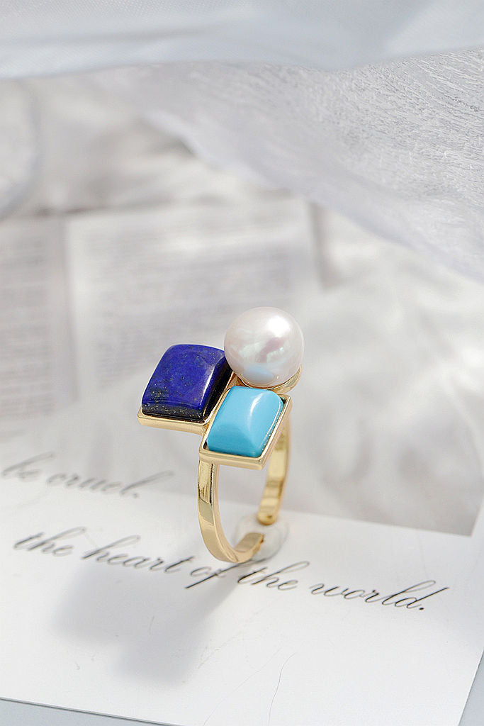 Authentic 925 Sterling Silver Ring Inlaid Natural lapis lazuli Freshwater Pearl Fashion Creative 18K Gold-Plated Open Ring Gift