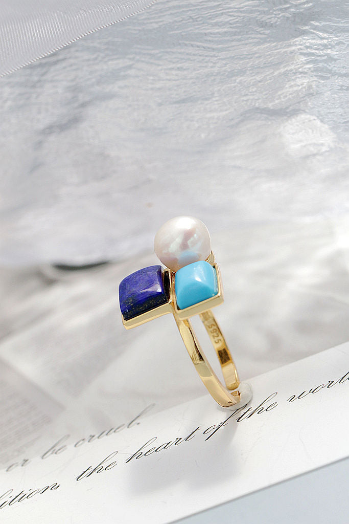 Authentic 925 Sterling Silver Ring Inlaid Natural lapis lazuli Freshwater Pearl Fashion Creative 18K Gold-Plated Open Ring Gift